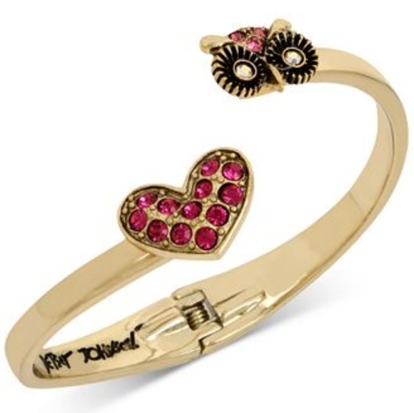 Betsey Johnson pave heart and owl bangle bracelet - Picture 1 of 1